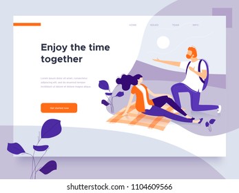 People enjoy the time spending together outdoors. Date on a picnic. Family and relationship. Vector illustration. Landing page concept.