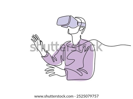 People enjoy VR continuous one line drawing. A man using virtual reality gadget. Technology and entertainment device concept. Vector illustration minimalist background.