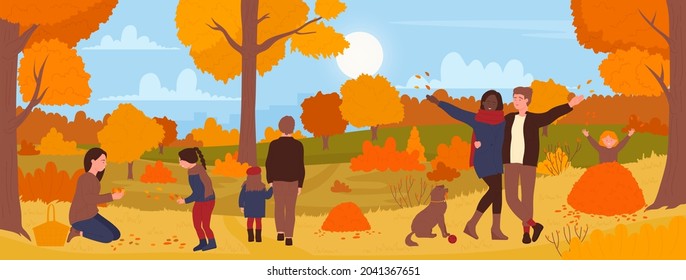 People enjoy walks in autumn park nature landscape vector illustration. Cartoon happy man woman couple characters walking dog, mother and girl child play with fun among fall leaves of trees background