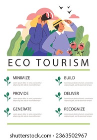 People enjoy wild nature view. Woman looks through binoculars and watches the birds. Banner concept about eco tourism. Cartoon vector illustration with infographics