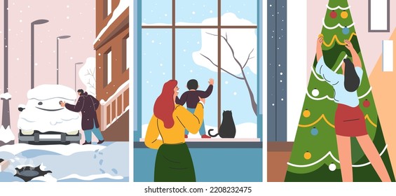 People enjoy winter season, preparing for holidays and decorating Christmas tree. Looking at blizzard from window, walking outside on snowy streets. Mom and child with pet. Vector in flat style