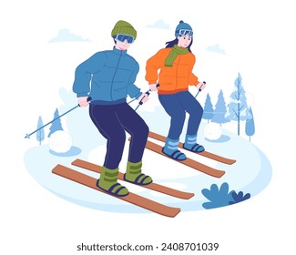 People enjoy winter sports. male and female skiing down a slope. Winter mountain sports activity, Vector illustration