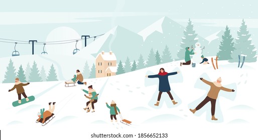 People enjoy winter sports on Christmas holidays in snow mountain landscape vector illustration. Cartoon family or friend characters snowboarding sledding downhill, making snowman xmas background