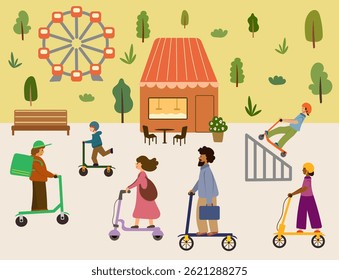 People enjoying activities in a park. Characters Riding Scooters and eating ice cream in coffee shop