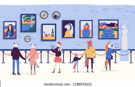 People enjoying artworks in flat cartoon style. Visitors of classic art gallery vector illustration. Museum viewing exhibits colorful concept. Tourists looking at paintings at exhibition