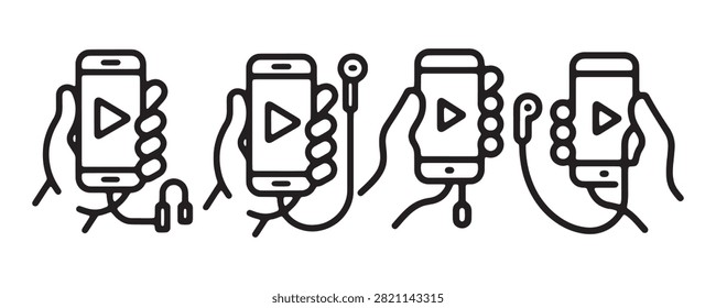People enjoying audio visual content on phones, listening music, watching videos, digital entertainment, portable media.