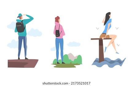 People enjoying of beautiful nature landscape set. Back view of man and woman looking into distance cartoon vector illustration