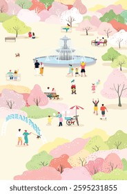 People enjoying a break and spring outing in a park with colorful cherry blossoms in full bloom
