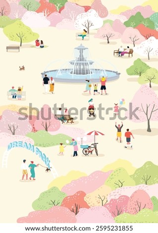 People enjoying a break and spring outing in a park with colorful cherry blossoms in full bloom
