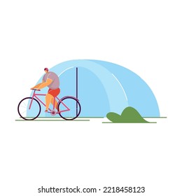 People enjoying camping. Flat vector illustration. Men riding a bicycle. Camping, nature, weekend
