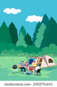 People enjoying camping in a lush and cool forest
