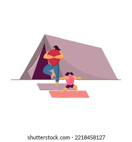 People enjoying camping rest outdoors. Flat vector illustration. Women with children doing yoga. Camping, nature, weekend