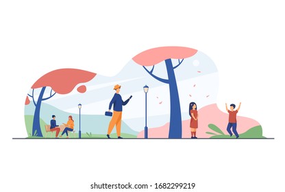 People enjoying cherry tree blooming season in park. Children and adults walking at adorable sakura trees with pink blossoms. Vector illustration for spring, hanami, nature, leisure concept