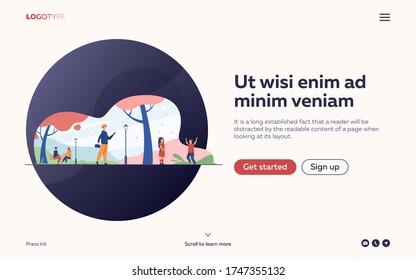 People enjoying cherry tree blooming season in park. Children and adults walking at adorable sakura trees with pink blossoms. Vector illustration for spring, hanami, nature, leisure concept
