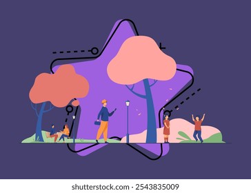 People enjoying cherry tree blooming season in park. Children and adults walking at adorable sakura trees with pink blossoms. Vector illustration for spring, hanami, nature, leisure concept