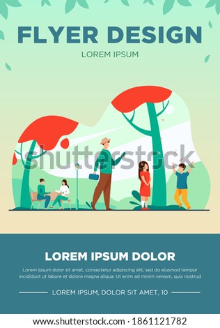 People enjoying cherry tree blooming season in park. Children and adults walking at adorable sakura trees with pink blossoms. Vector illustration for spring, hanami, nature, leisure concept