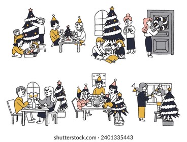 People enjoying Christmas home parties and family time Comical hand-drawn figures