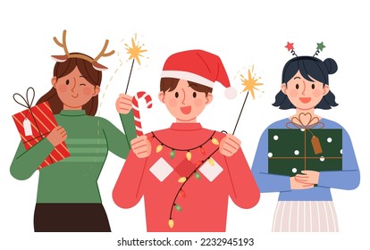 People enjoying Christmas. Men and women wearing  headbands and santa hats. Christmas holiday concept vector illustration.