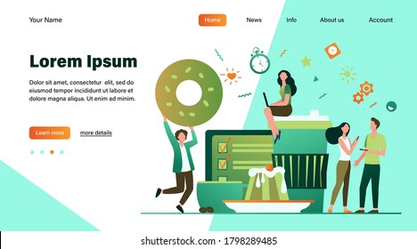 People enjoying coffee break. Young men and women using digital devices among disposable paper and ceramic cups, baked snacks, menu. Can be used for coffee shop, bakery, morning, breakfast concept