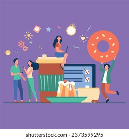 People enjoying coffee break. Young men and women using digital devices among disposable paper and ceramic cups, baked snacks, menu. Can be used for coffee shop, bakery, morning, breakfast concept