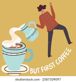 People enjoying coffee. The character of the guy pouring cream, milk into a huge coffee cup, but first the coffee.
Hand drawn Vector illustration.