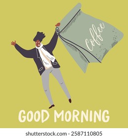 People enjoying coffee. The character of the guy waving a huge coffee package, package, good morning. Hand drawn Vector illustration.