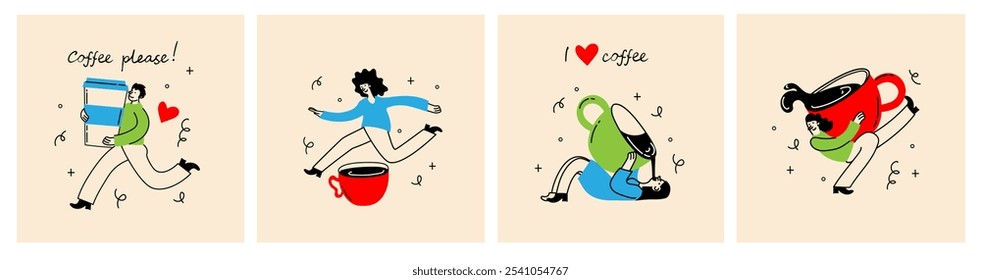 People enjoying coffee. Characters drinking hot morning beverages, americano, cappuccino to go, in trendy retro style.