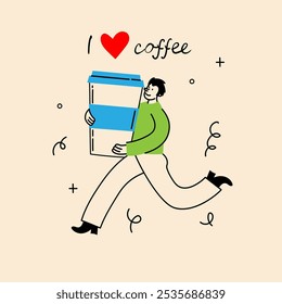 People enjoying coffee. Man holding takeaway mugs, paper cups. Characters drinking hot morning beverages, americano, cappuccino to go, in trendy retro style.