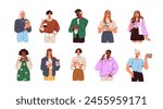 People enjoying coffee. Man and woman holding takeaway mugs, paper cups. Characters drinking hot morning beverages, americano, cappuccino to go. Flat vector illustrations isolated on white background
