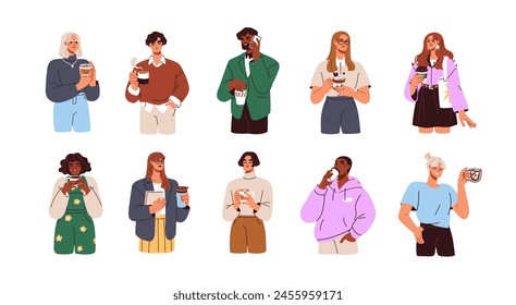 People enjoying coffee. Man and woman holding takeaway mugs, paper cups. Characters drinking hot morning beverages, americano, cappuccino to go. Flat vector illustrations isolated on white background