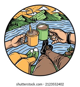 people enjoying coffee on the hill illustration