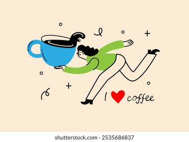 People enjoying coffee. Woman holding takeaway mugs, paper cups. Characters drinking hot morning beverages, americano, cappuccino to go, in trendy retro style.