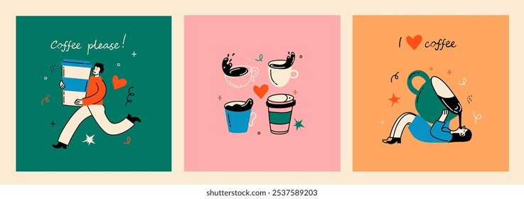 People enjoying coffee. Woman holding takeaway mugs, paper cups. Characters drinking hot morning beverages, americano, cappuccino to go, in trendy retro style.