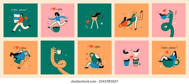 People enjoying coffee. Woman holding takeaway mugs, paper cups. Characters drinking hot morning beverages, americano, cappuccino to go, in trendy retro style.