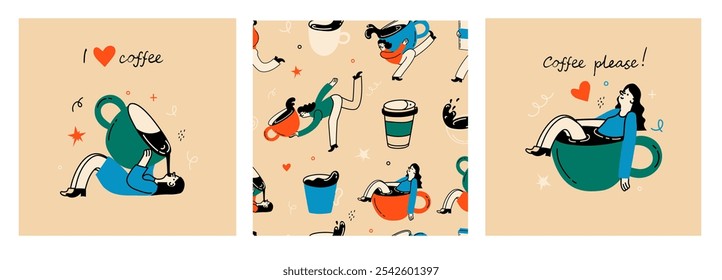 Personas disfrutando del café. Mujer sosteniendo tazas para llevar, tazas de papel. Personajes bebiendo bebidas calientes de la mañana, americano, capuchino para llevar, en estilo retro de moda.