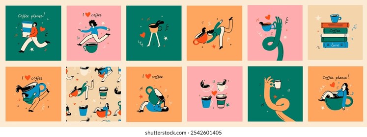 People enjoying coffee. Woman holding takeaway mugs, paper cups. Characters drinking hot morning beverages, americano, cappuccino to go, in trendy retro style.