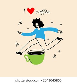 People enjoying coffee. Woman jumping under morning coffee cup. Characters drinking hot morning beverages, americano, cappuccino to go, in trendy retro style.