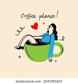 People enjoying coffee. Woman lies in a cup of coffee. Characters drinking hot morning beverages, americano, cappuccino to go, in trendy retro style.