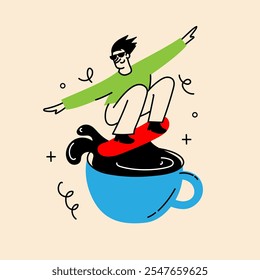 Personas disfrutando del café. Joven surfeando una taza de café. Personaje bebiendo bebidas calientes de la mañana, americano, capuchino para llevar, en estilo retro de moda.