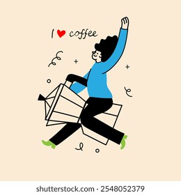 Personas disfrutando del café. Mujer joven que vuela en la cafetera. Personaje bebiendo bebidas calientes de la mañana, americano, capuchino para llevar, en estilo retro de moda.