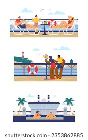 People enjoying cruise vacation, set of landscapes - flat vector illustration on white background. Passengers of cruise liner swimming in swimming pool, sunbathing on deck. Summer holiday.