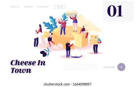People Enjoying Eating Cheese Website Landing Page. Tiny Characters Eating Cheese of Various Types. Dairy Farm Production, Degustation Process, Market Web Page Banner. Cartoon Flat Vector Illustration