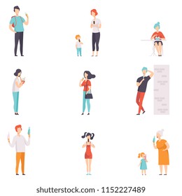 People enjoying eating with their ice cream set vector Illustrations on a white background