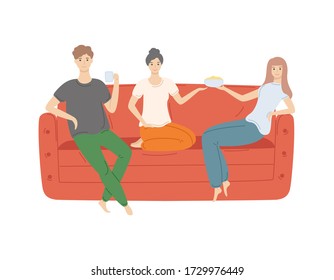 People enjoying evening together vector, friends eating snacks and talking. Man and woman sitting on sofa discussing events, friendship and relationship