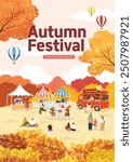 People enjoying festivals and flea markets in a lush autumn forest park with maple leaves
