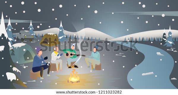 People are enjoying a fire in the\
snow,relax outdoors in the winter parks,sing a song and play the\
guitar,camping in beautiful winter Christmas night,cartoon\
character flat style,vector\
illustration.