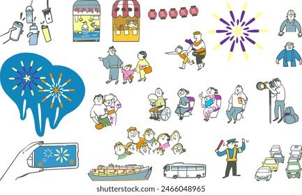 People enjoying fireworks display and people working Set of stock illustration				
