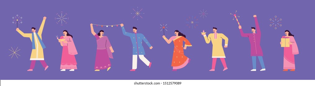 People enjoying fireworks at diwali festival. flat design style minimal vector illustration.