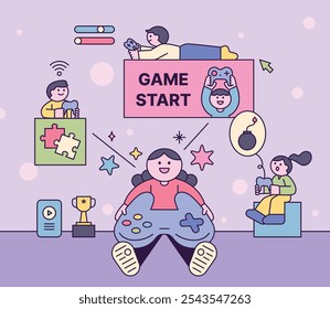 Personas para disfrutar de los juegos con los controladores de juegos de consola. Concepto lindo del cartel del Anuncio de la composición. Ilustración de carácter de contorno de corte