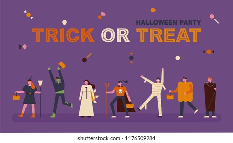 People enjoying a Halloween party wearing a ghost costume. invitation card concept flat design style vector graphic illustration 